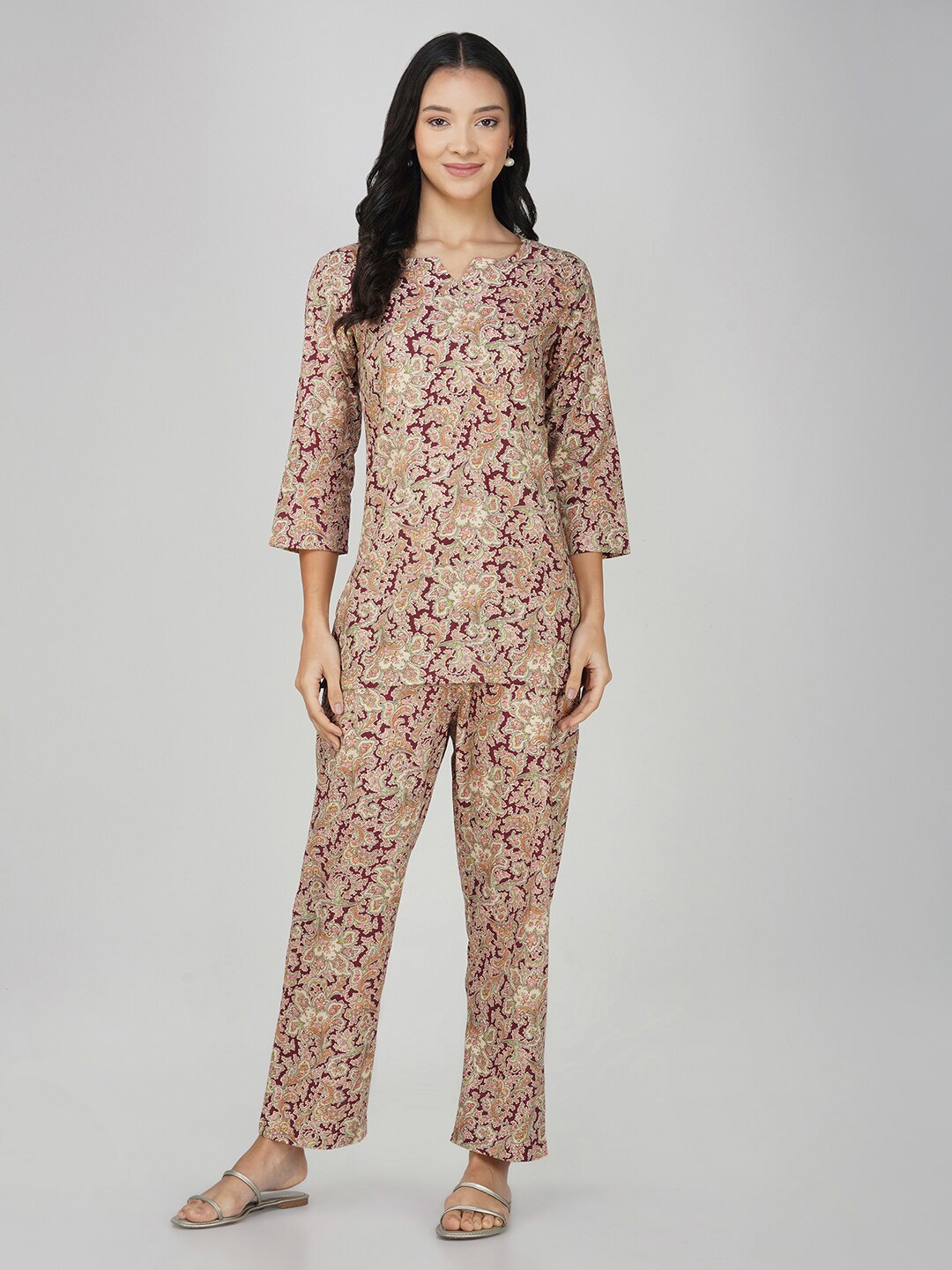 

SPARSA Floral Printed Pure Cotton Notch Neck Top With Trousers Co-Ords, Peach