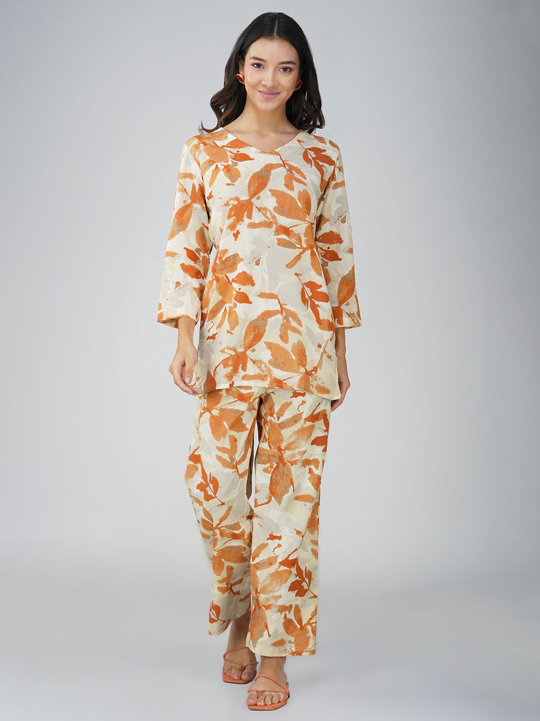 

SPARSA Floral Printed Pure Cotton Top with Trouser, Orange