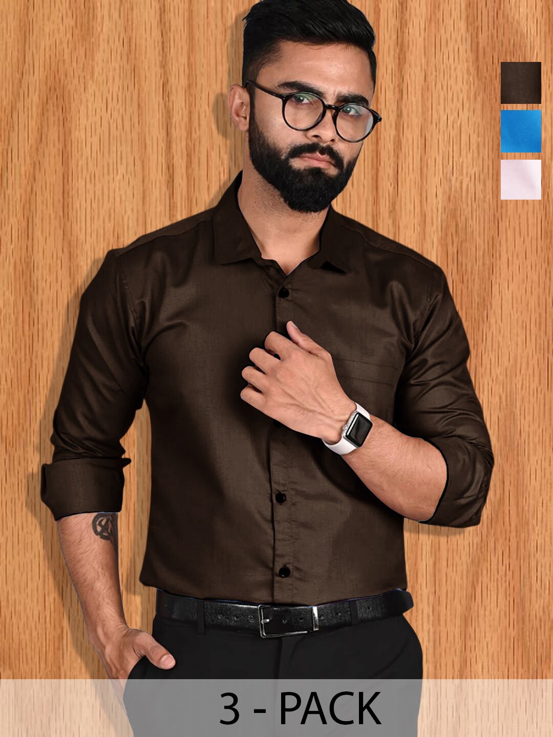 

7Threads Pack Of 3 Standard Spread Collar Long Sleeves Formal Shirt, Brown