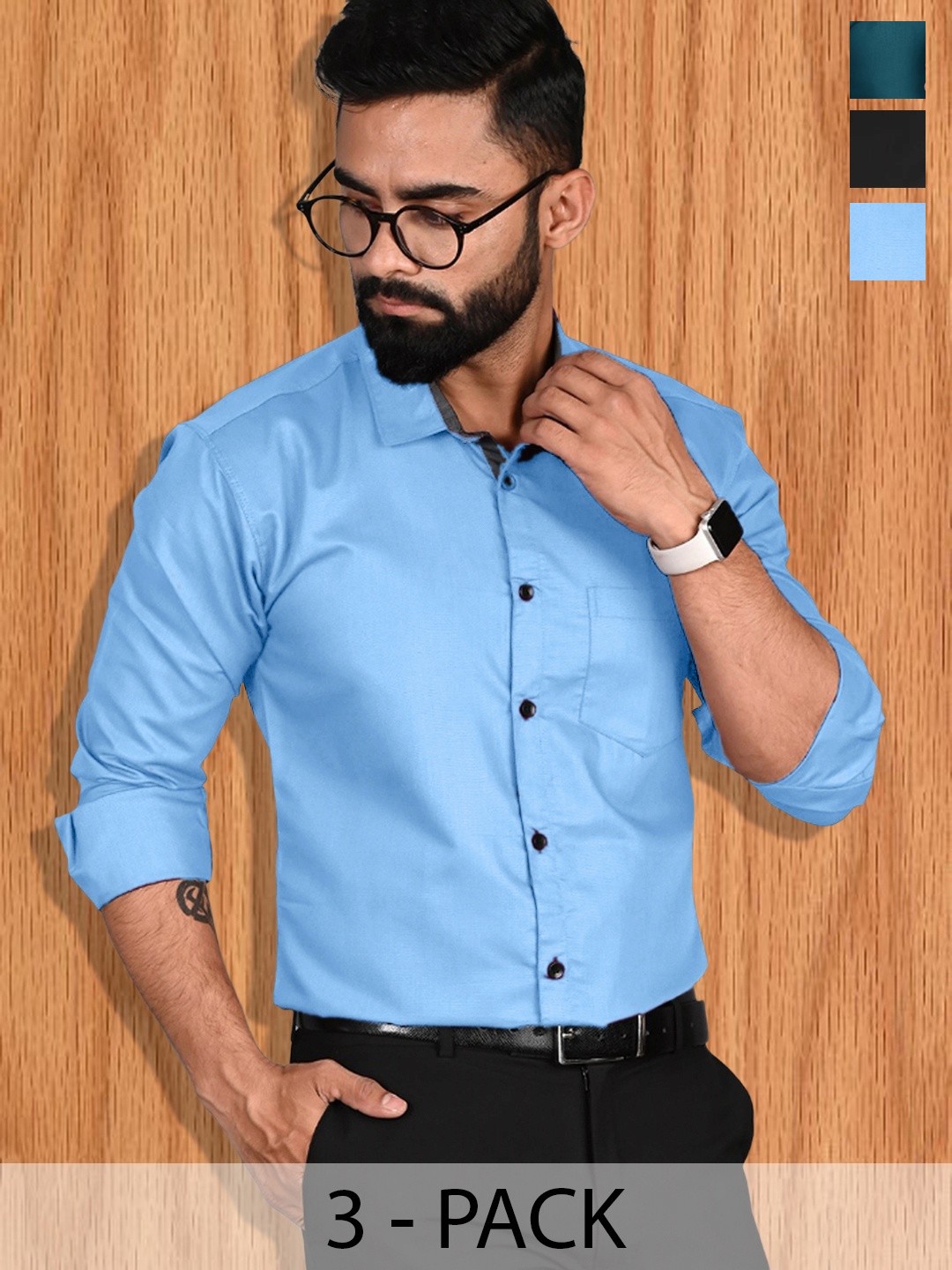 

7Threads Standard Slim Fit Pack of 3 Cotton Formal Shirts, Blue