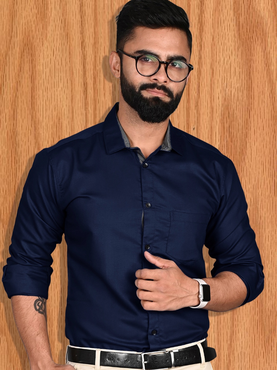 

7Threads Pack of 3 Slim Fit Spread Collar Full Sleeves Opaque Formal Shirt, Navy blue