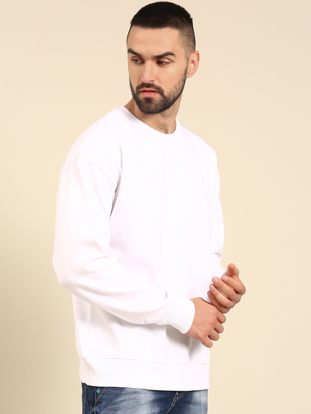 

Mast & Harbour White Round Neck Drop-Shoulder Sleeves Cotton Oversized Pullover Sweatshirt