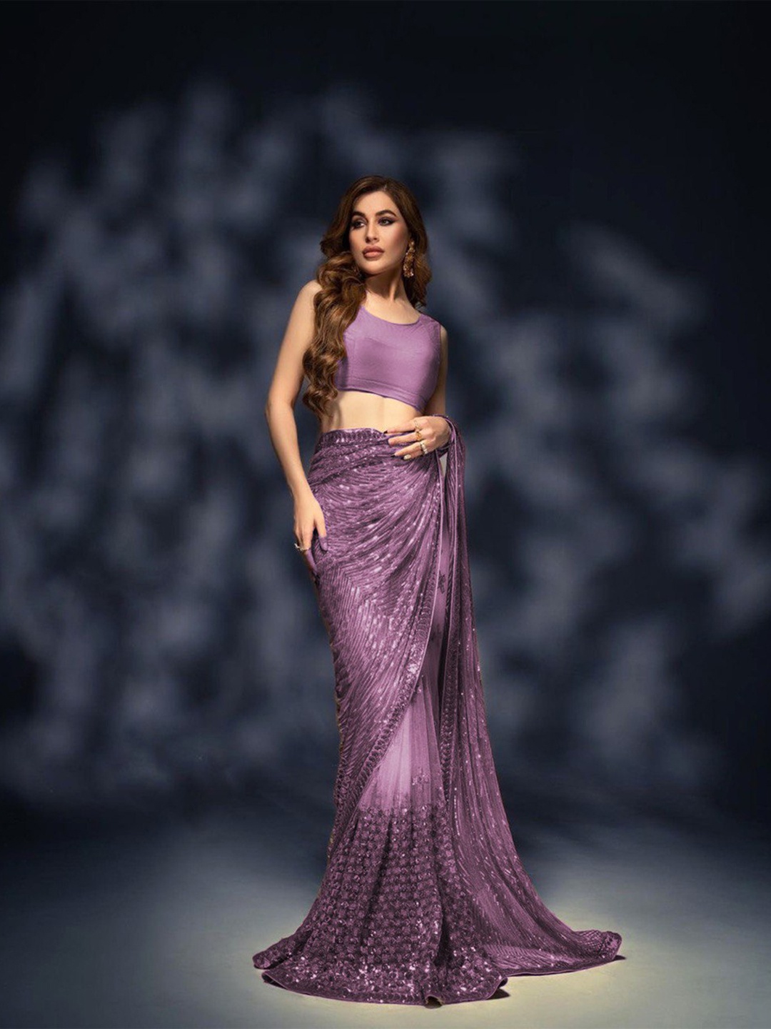 

DIVASTRI Embellished Sequinned Pure Georgette Saree, Purple