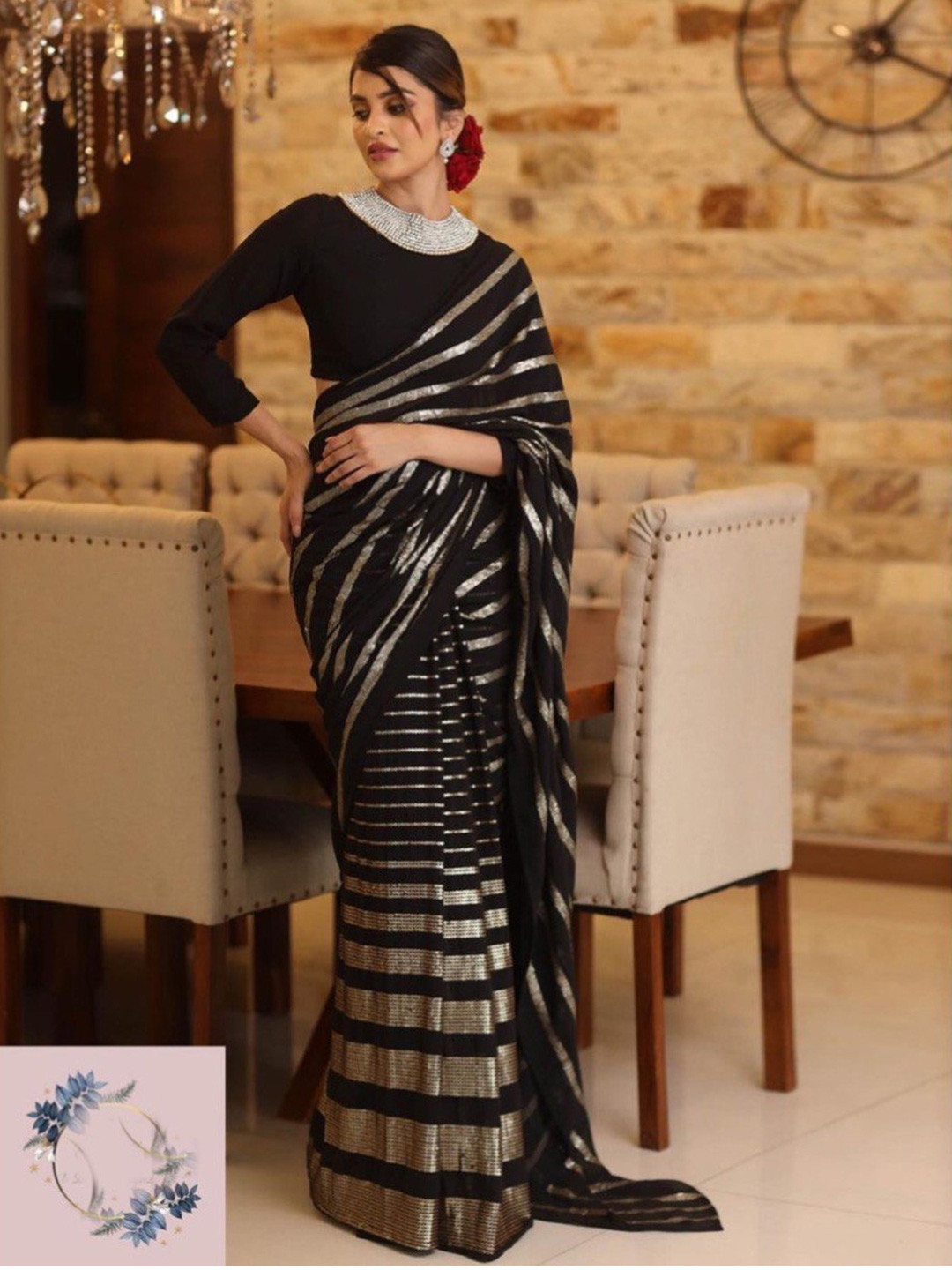 

DIVASTRI Embellished Sequinned Georgette Saree, Black