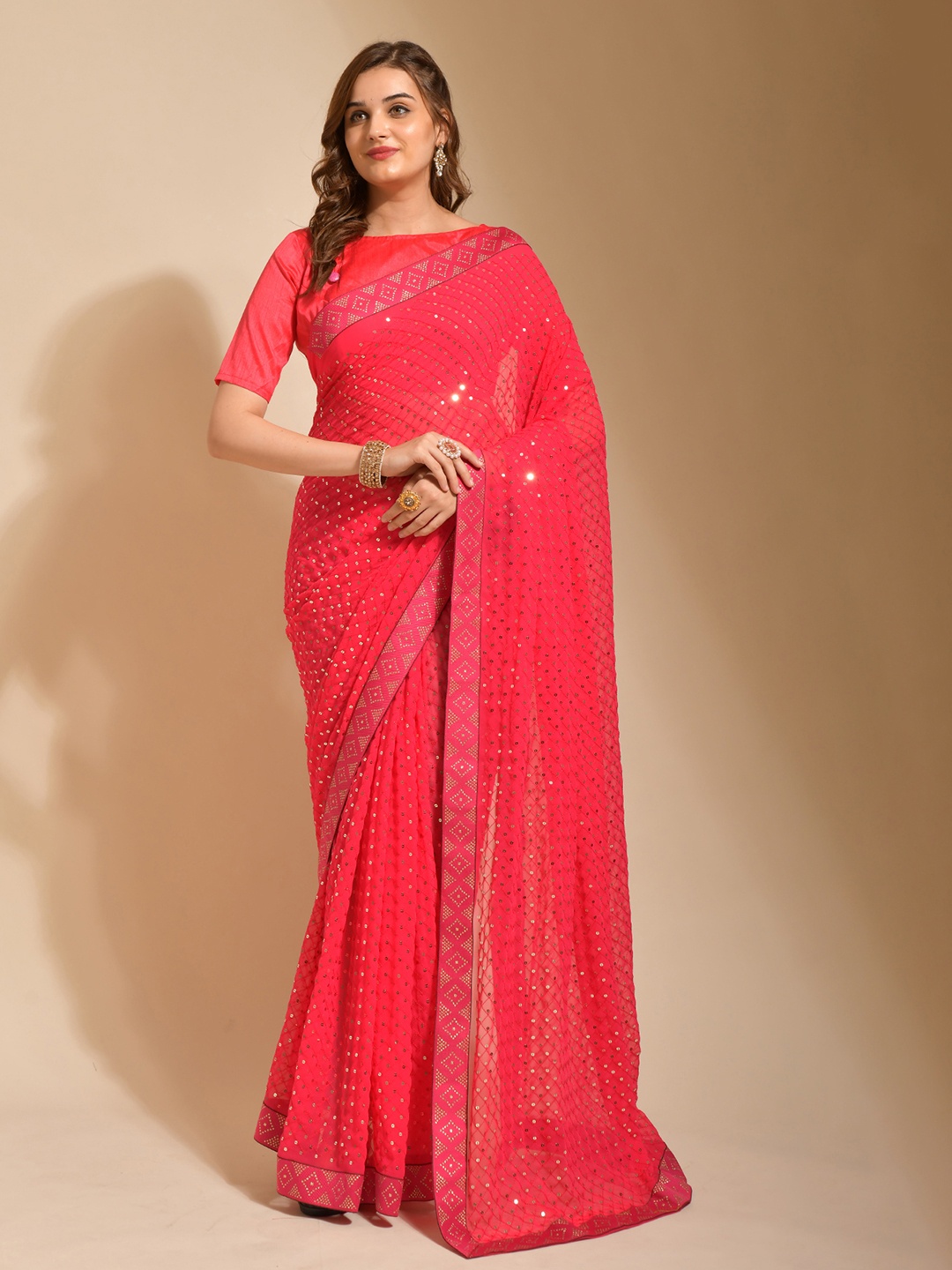 

DIVASTRI Embellished Embroidered Sequinned Pure Georgette Saree, Pink