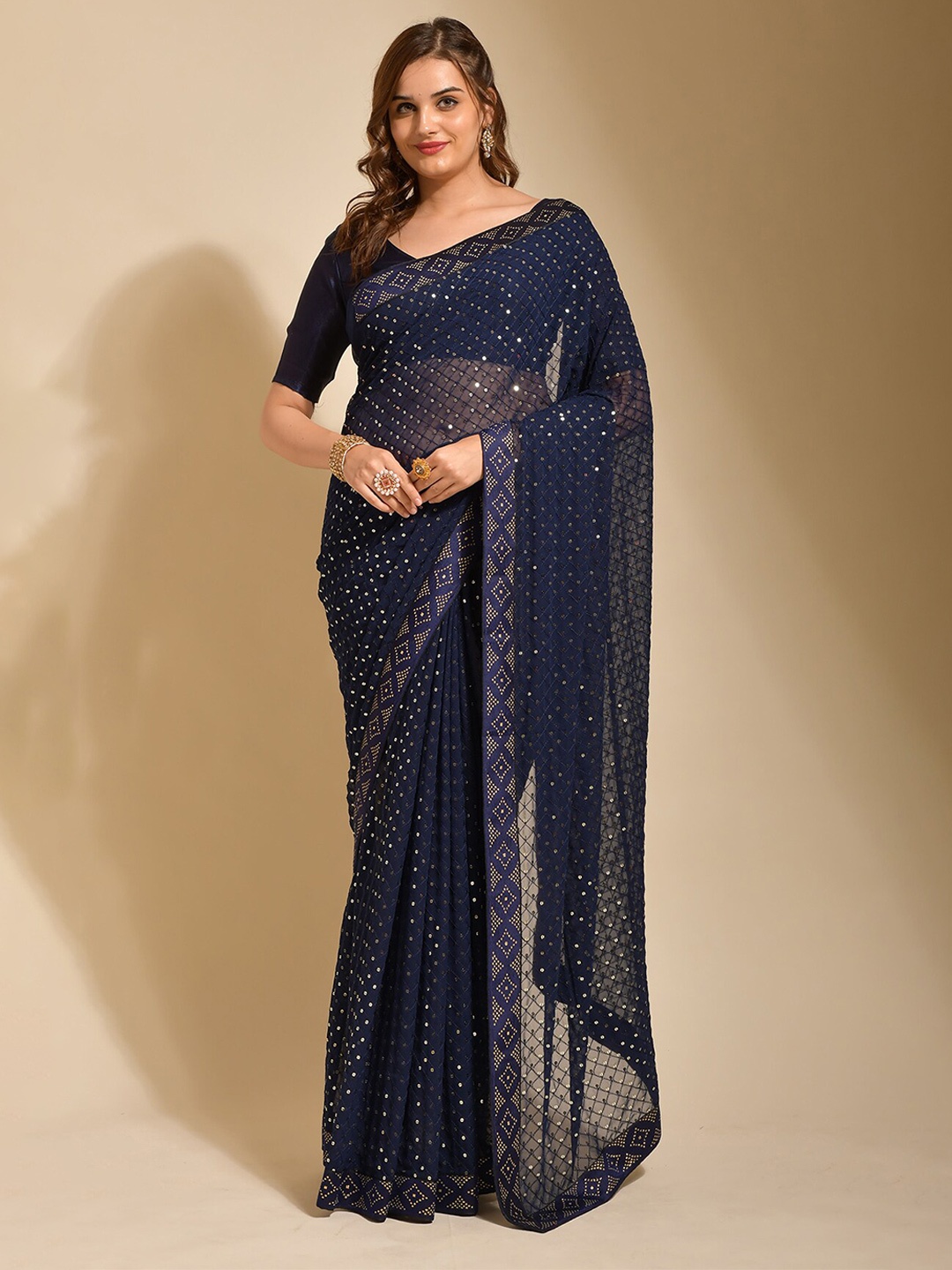 

DIVASTRI Embellished Sequinned Pure Georgette Saree, Navy blue