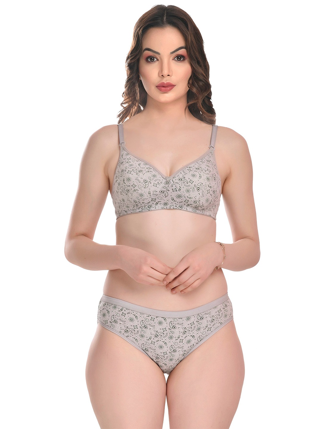 

SGC SWEDEN Floral Printed Lightly Padded Non-Wired Cotton Lingerie Set, Grey
