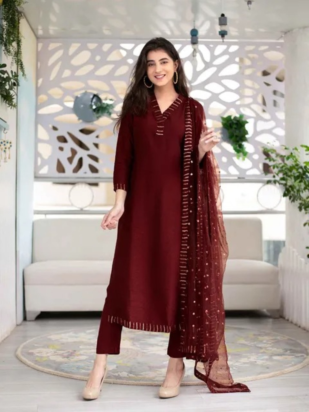 

ZEEPKART Embellished Straight Kurta with Trouser & Dupatta, Maroon