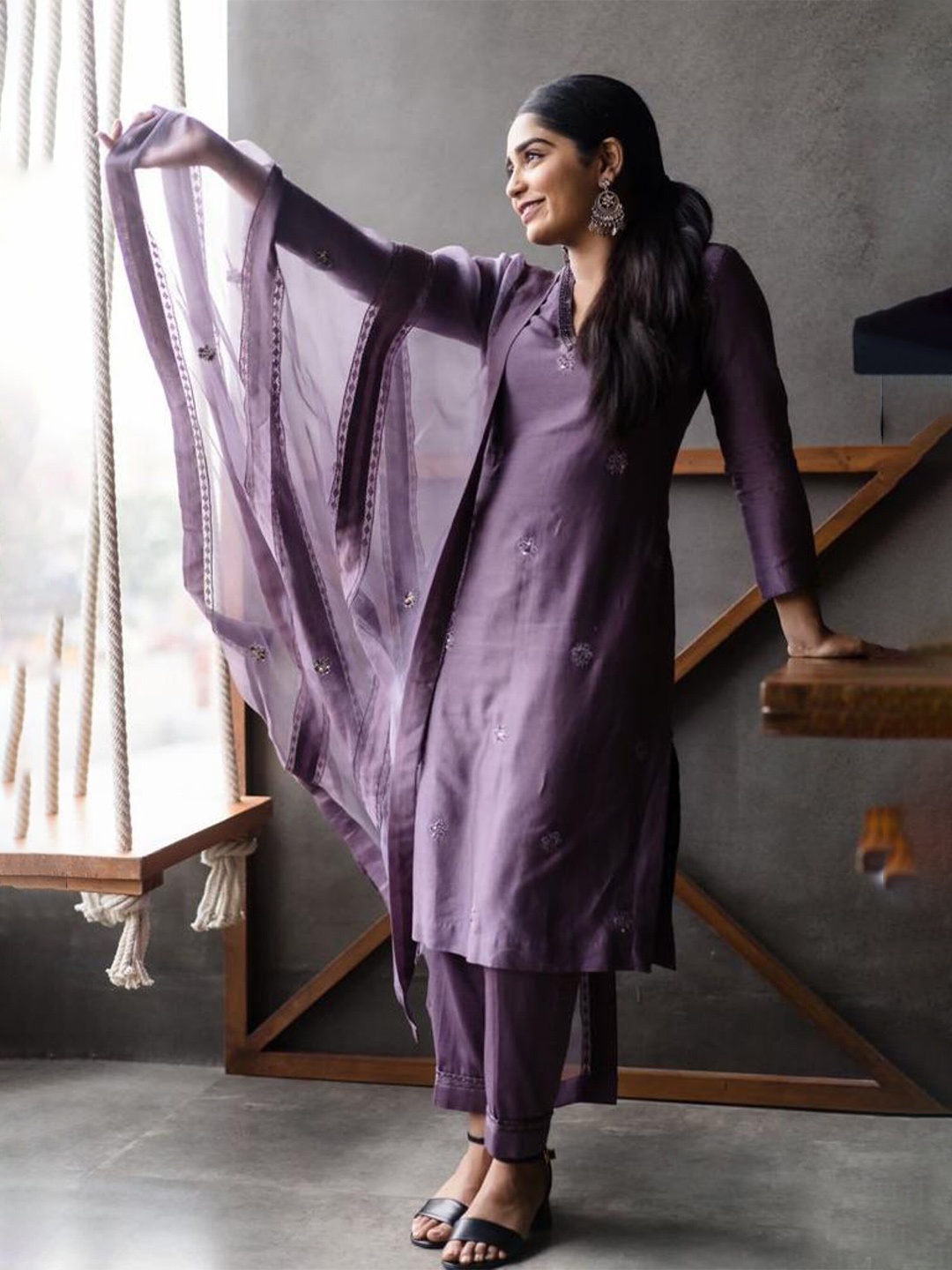 

ZEEPKART Floral Embroidered Sequinned Kurta With Trousers & Dupatta, Purple