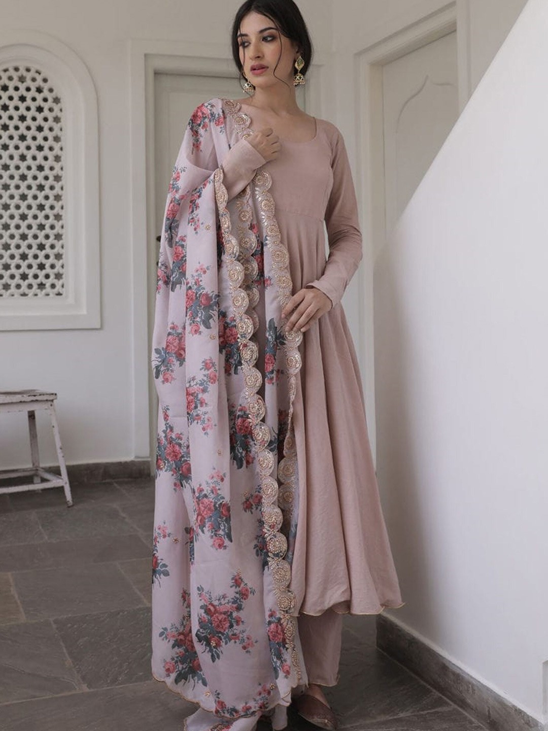 

ZEEPKART Round Neck A-Line Kurta With Trousers & Dupatta, Brown