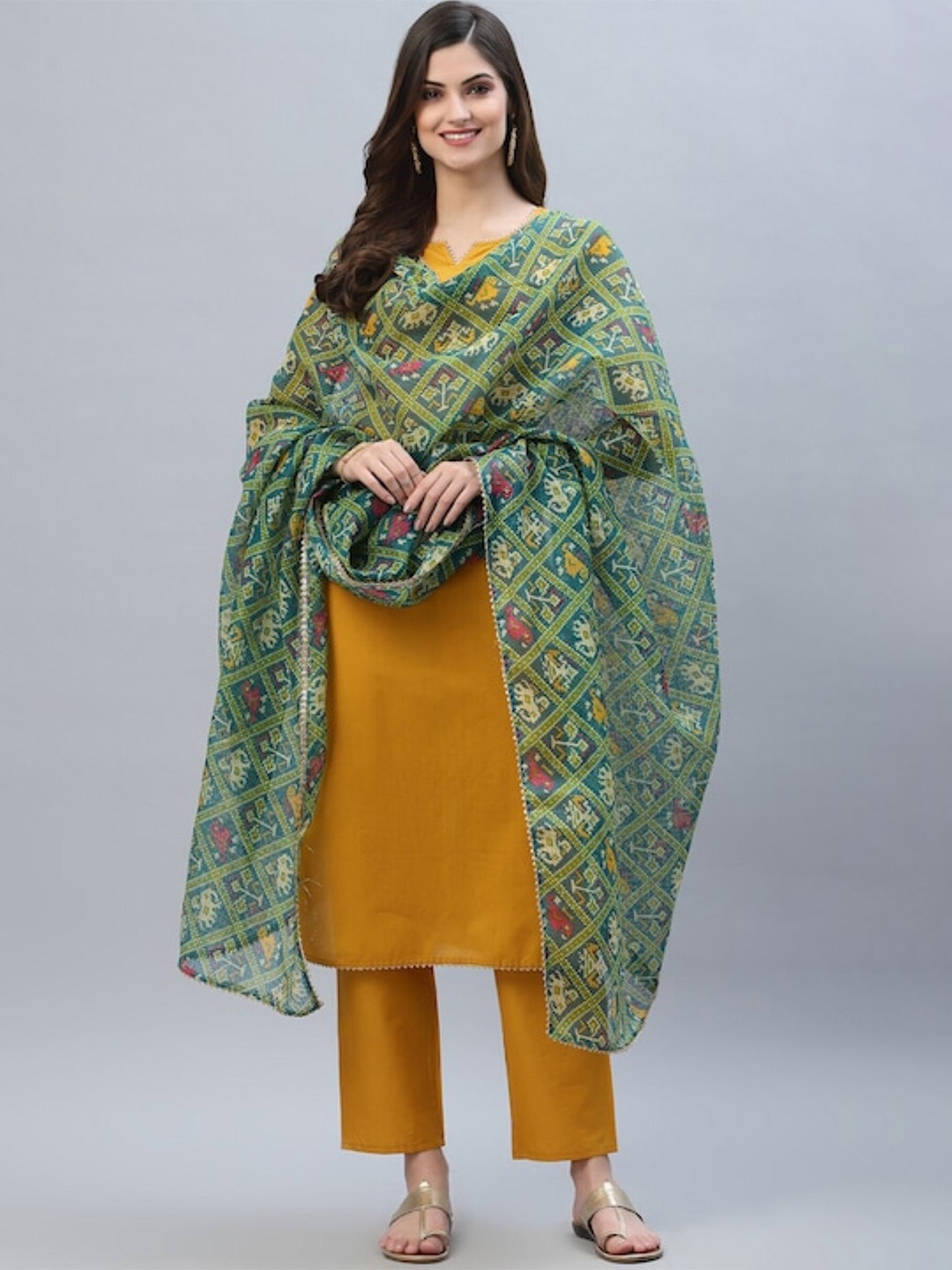 

ZEEPKART Round Neck Straight Kurta With Trousers & Dupatta, Gold