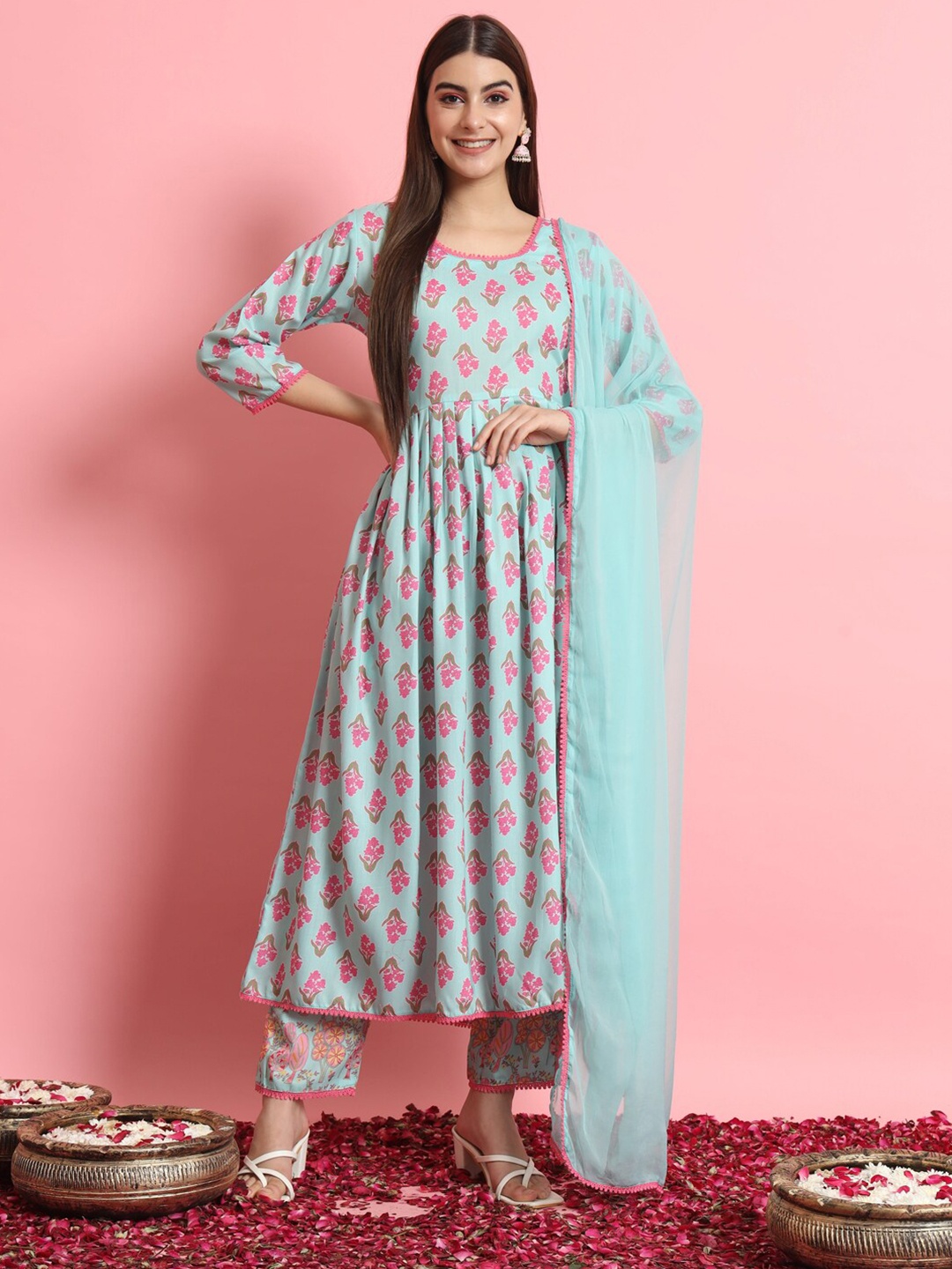 

VredeVogel Floral Printed A-Line Regular Kurta With Trousers & Dupatta, Blue