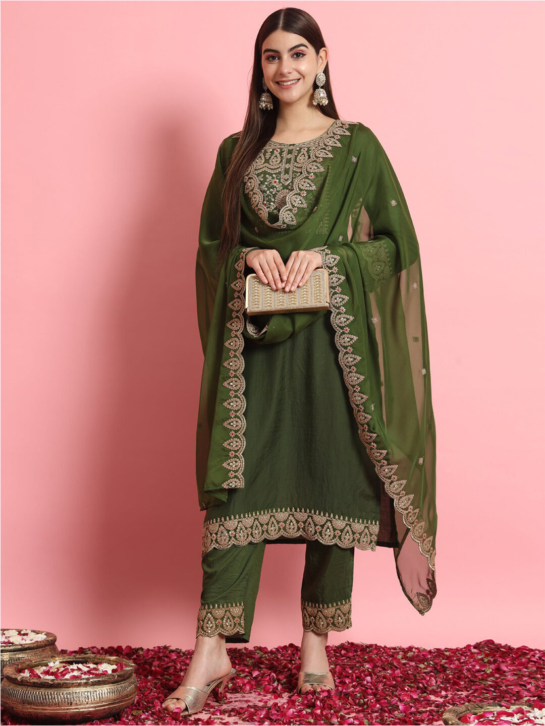 

VredeVogel Ethnic Motifs Yoke Design Thread Work Kurta With Trousers & Dupatta, Green