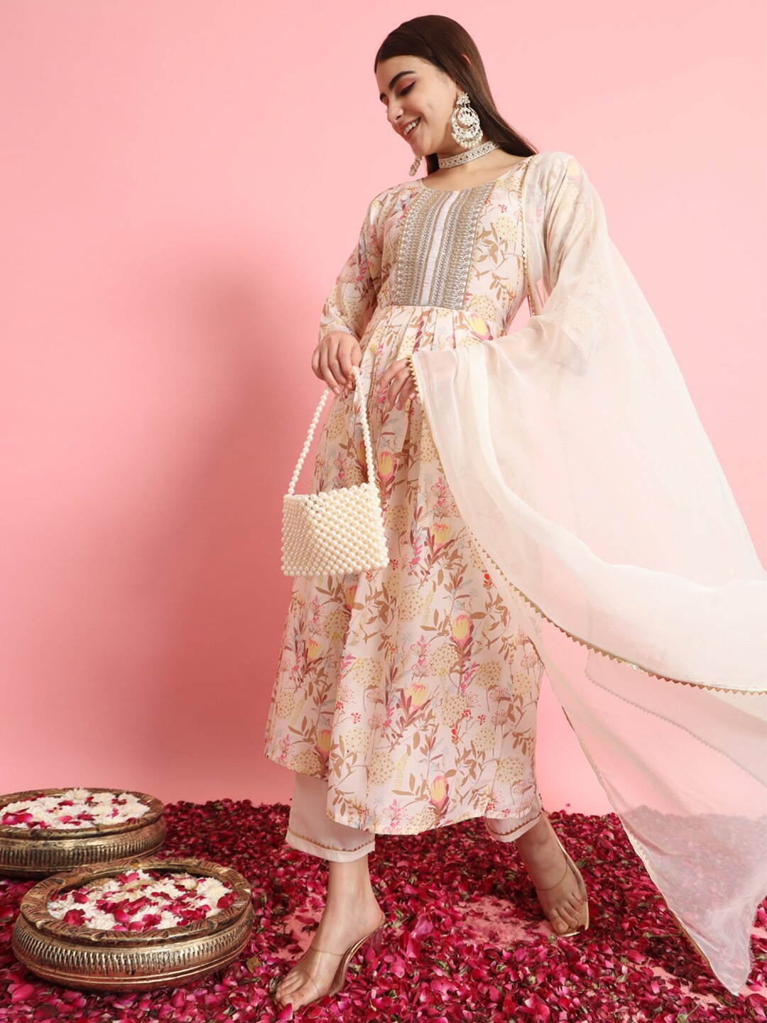 VredeVogel Floral Printed Regular Thread Work Kurta With Trousers & Dupatta, White
