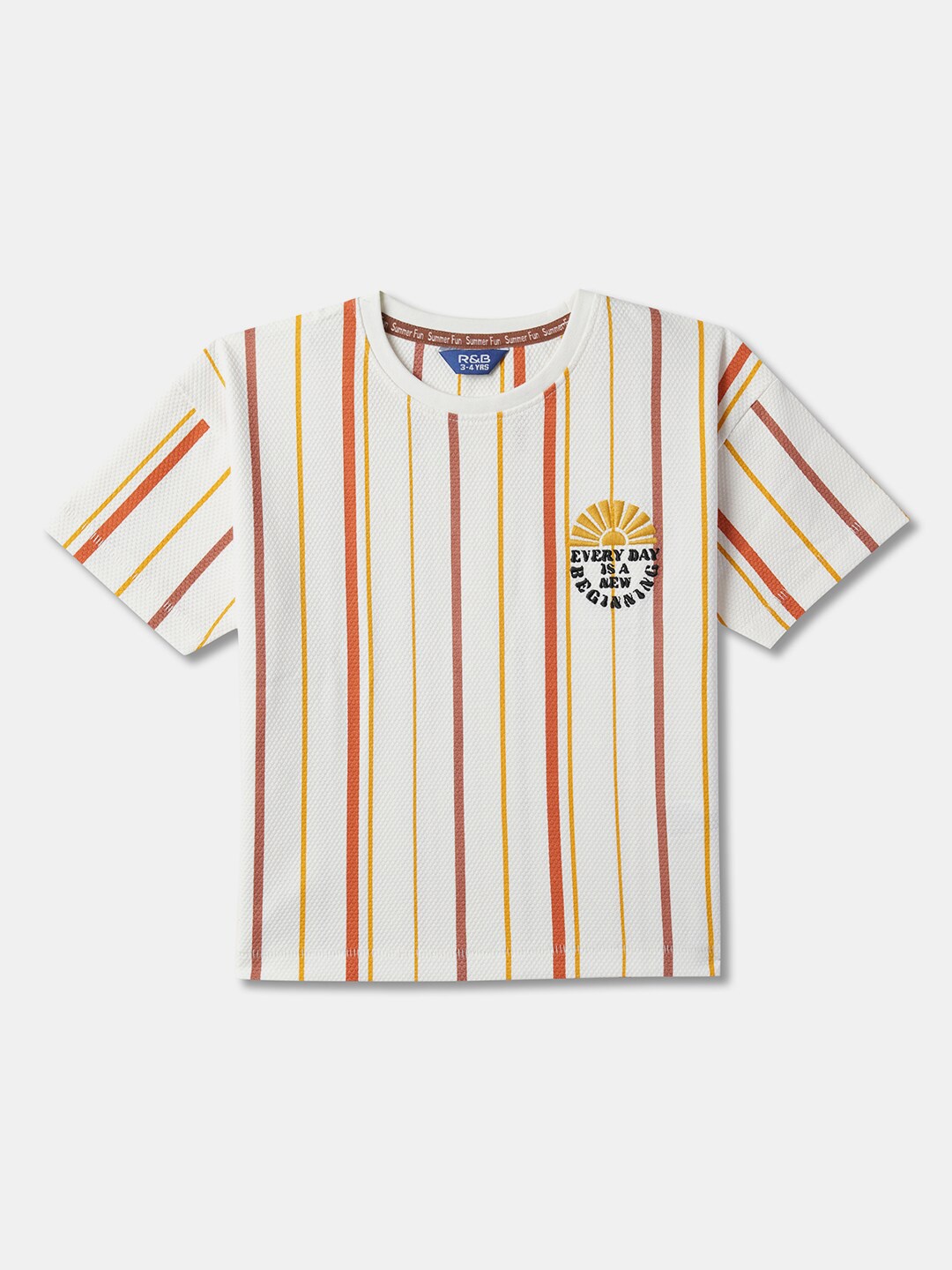 

R&B Boys Striped Round Neck Relaxed Fit Cotton T-shirt, White