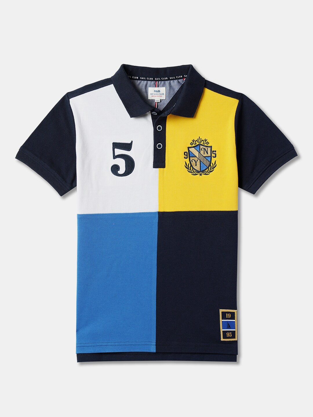 

R&B Boys Blue Colourblocked Relaxed Fit Polo Collar Cotton T-shirt