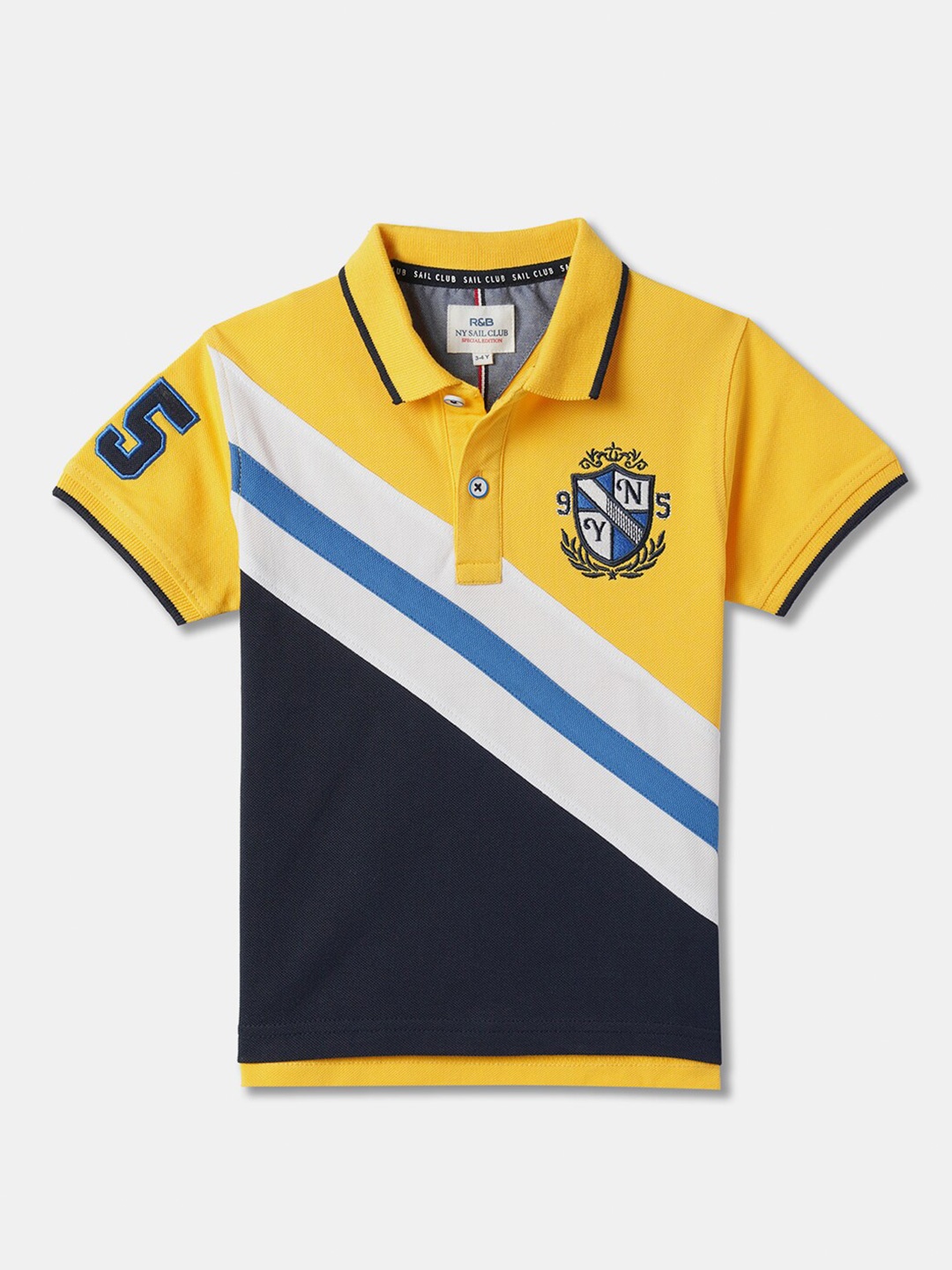 

R&B Boys Blue Colourblocked Relaxed Fit Polo Collar Cotton T-shirt, Yellow