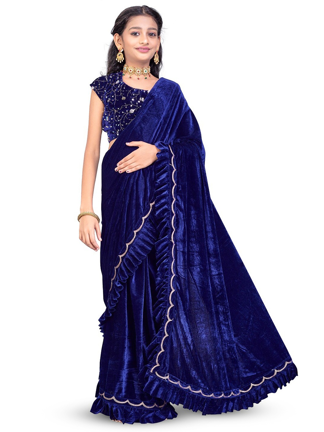 

Dhyey Fashion Girls Embroidered Broder Ruffles Ready To Wear Velvet Saree, Blue