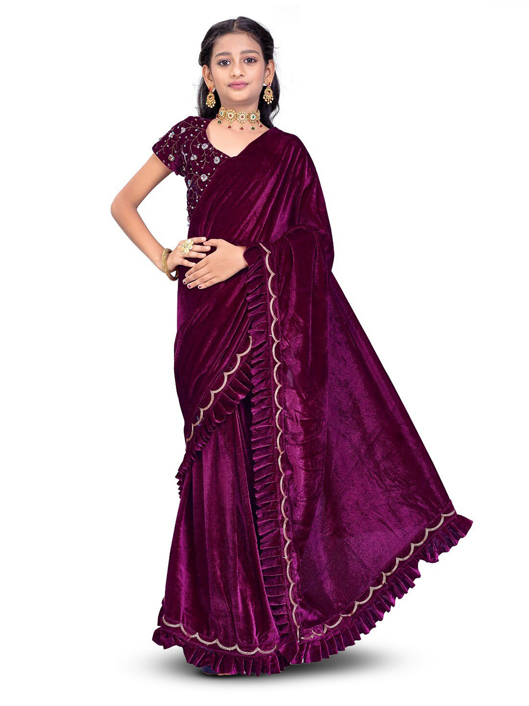 

Dhyey Fashion Girls Embroidered Broder Ruffles Ready To Wear Velvet Saree, Purple