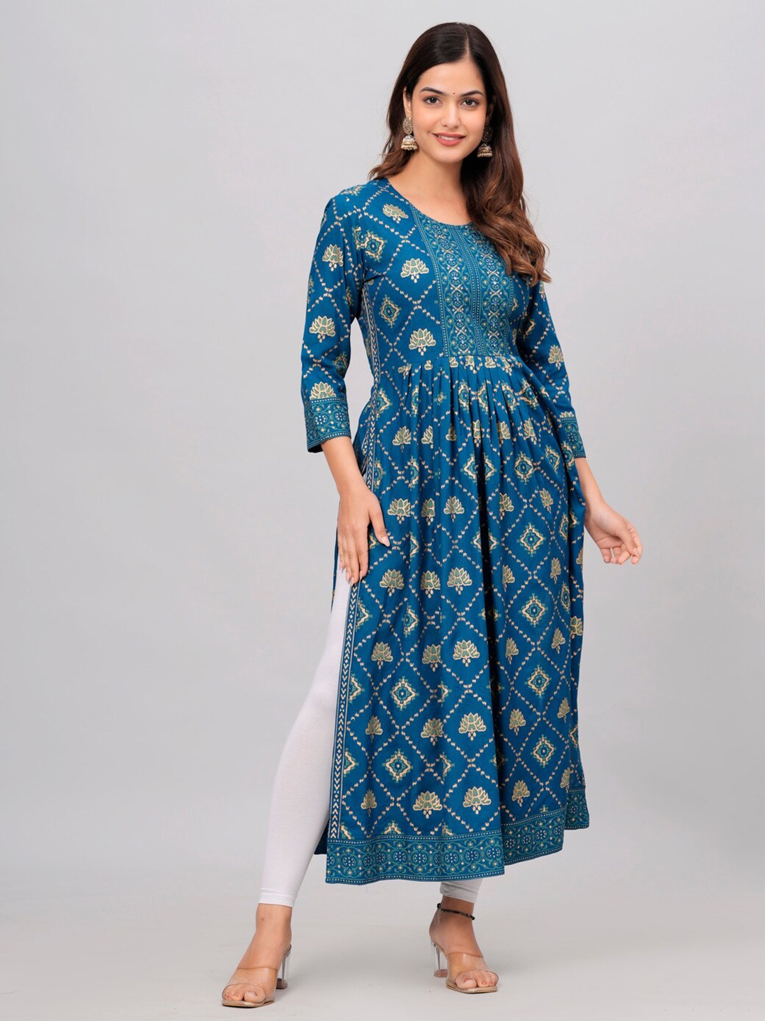 

KALINI Geometric Printed Mirror Work Anarkali Kurta, Blue
