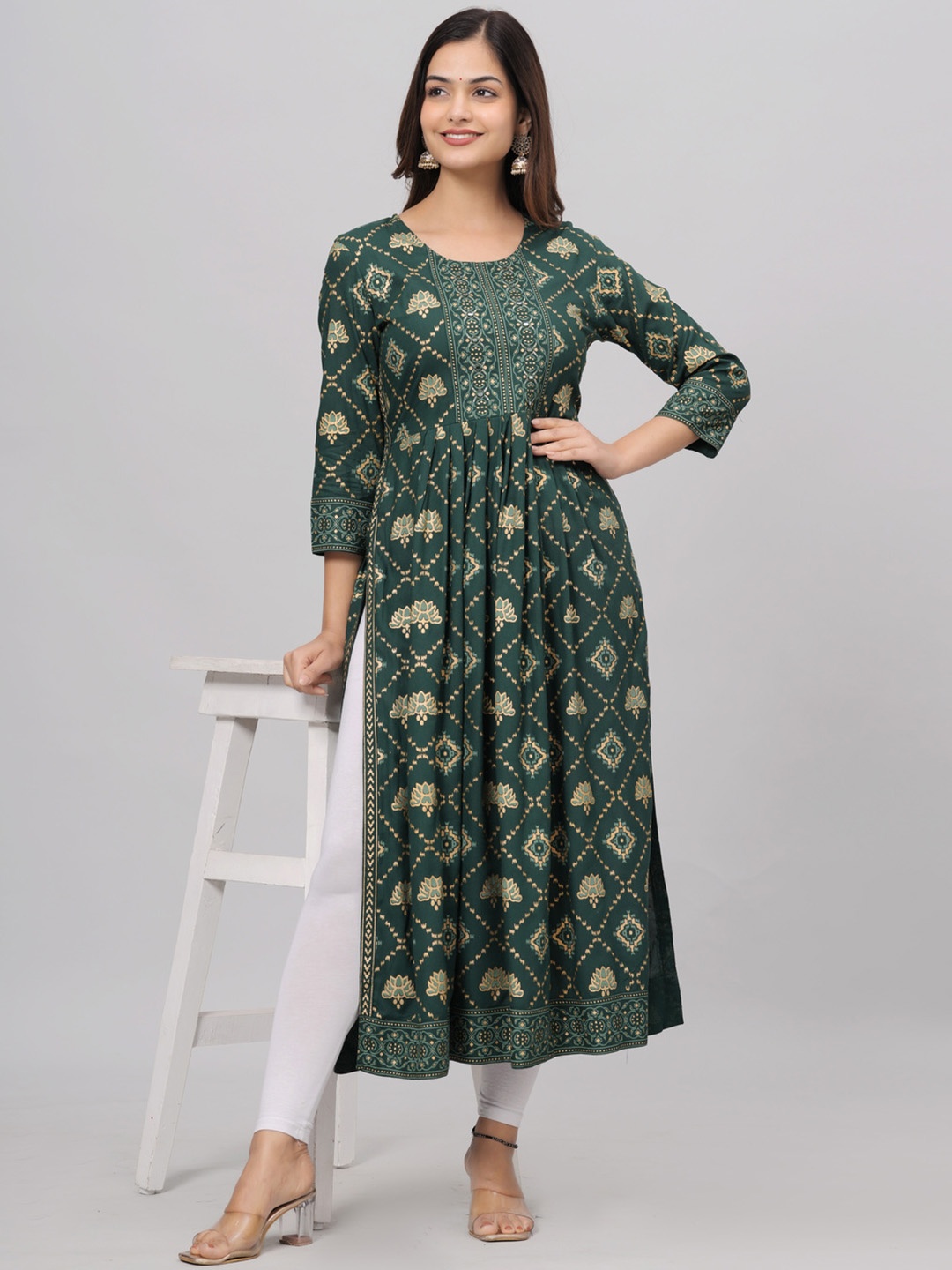 

KALINI Floral Printed Pleated Mirror Work A-Line Kurta, Green