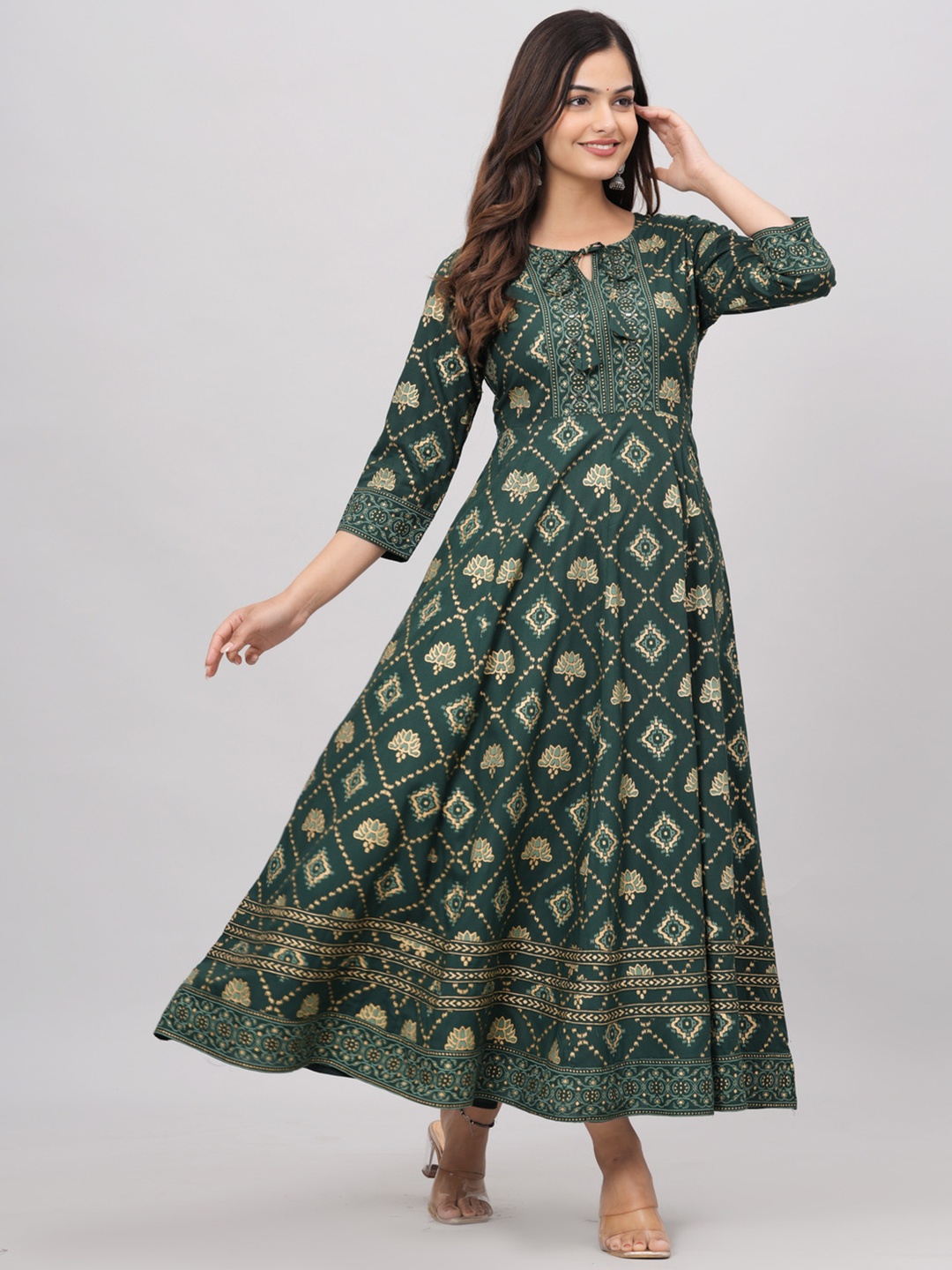 

KALINI Ethnic Motifs Printed Tie-Up Neck Fit & Flare Ethnic Dress, Green