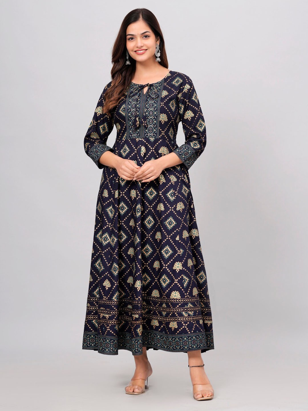 KALINI Ethnic Motifs Printed Tie-Up Neck Fit & Flare Ethnic Dress, Navy blue