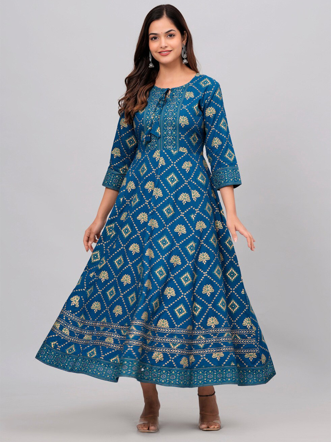

KALINI Geometric Printed Gotta Patti Fit and Flare Ethnic Dresses, Blue