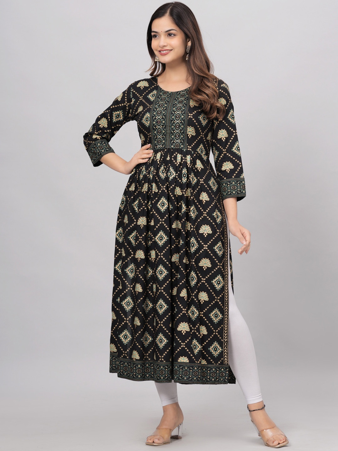 

KALINI Ethnic Motifs Printed Pleated Mirror Work A-Line Kurta, Black