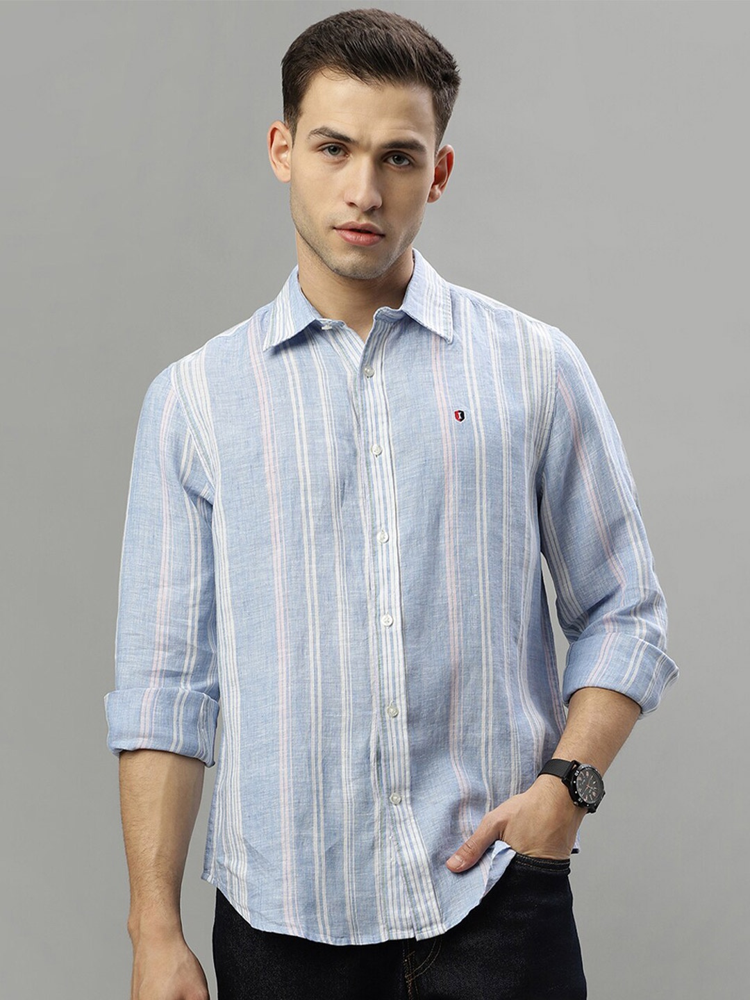 

Iconic Vertical Striped Spread Collar Linen Casual Shirt, Blue