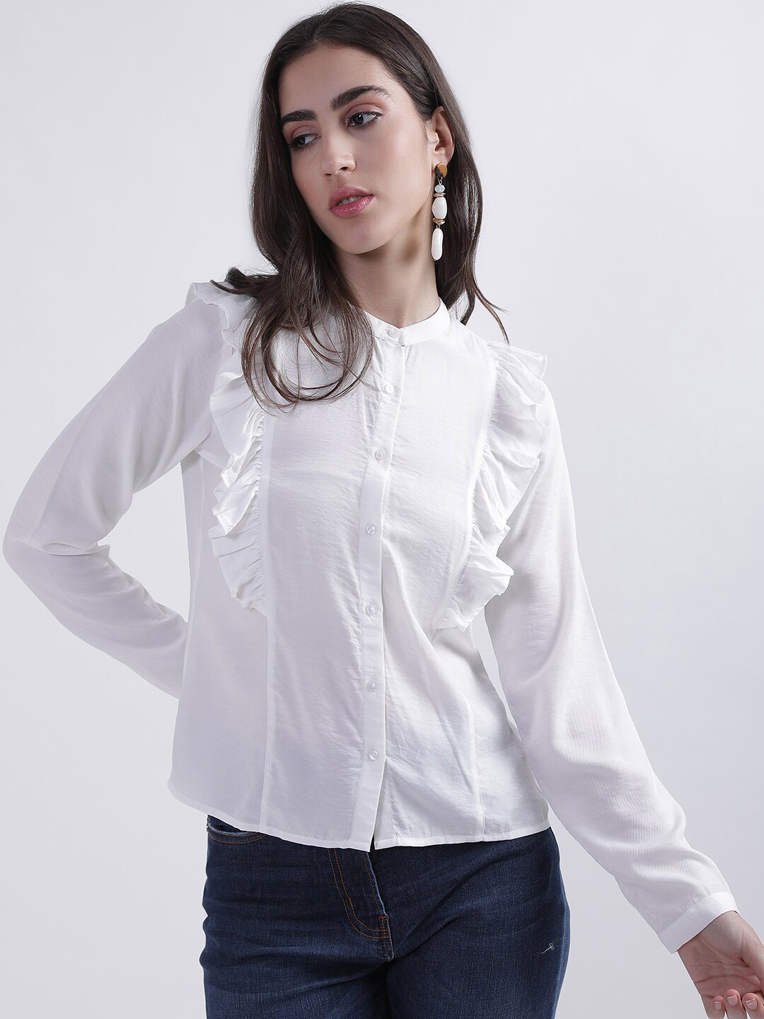 

CENTRESTAGE Striped Mandarin Collar Shirt Style Top, White