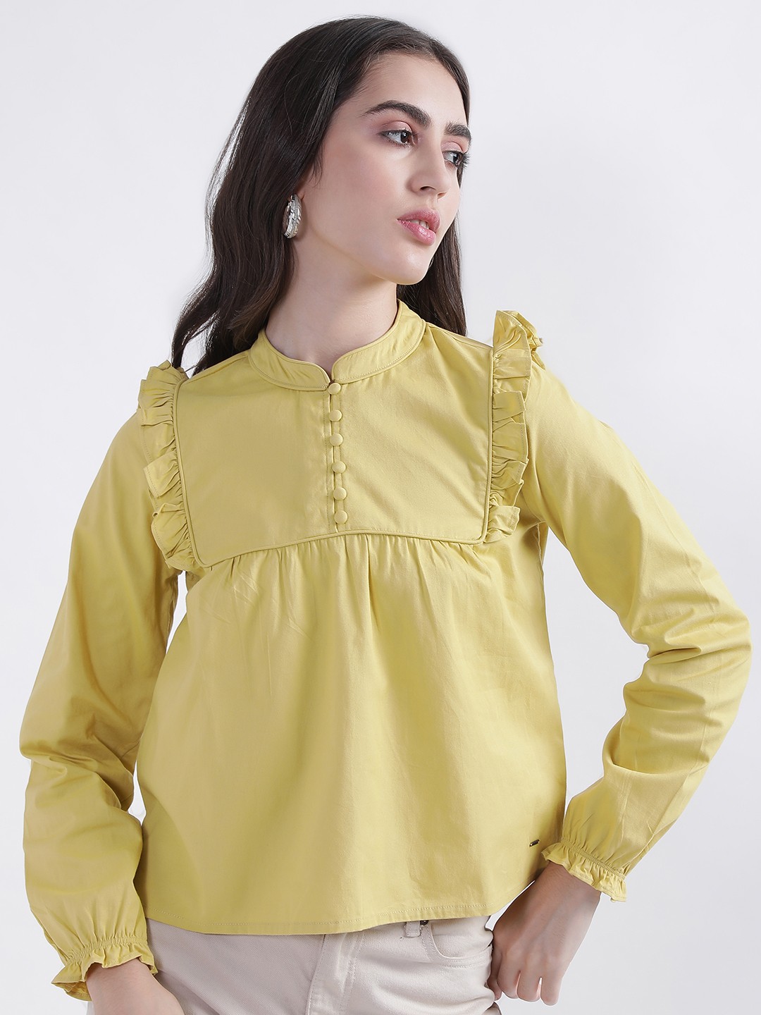 

ELLE Mandarin Collar Pure Cotton Top, Yellow