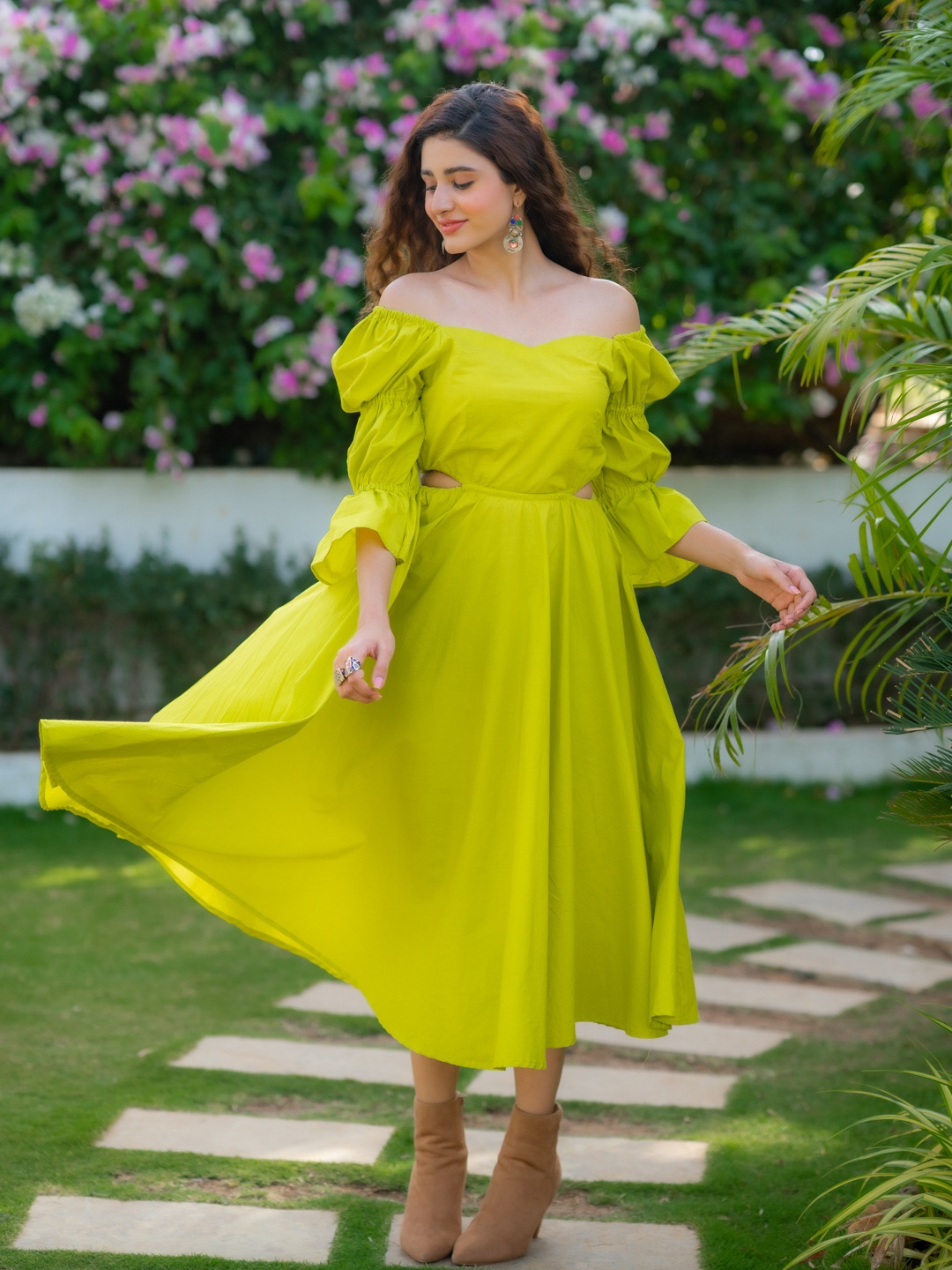 

Ambraee Off-Shoulder Fit & Flare Cotton Dress, Yellow