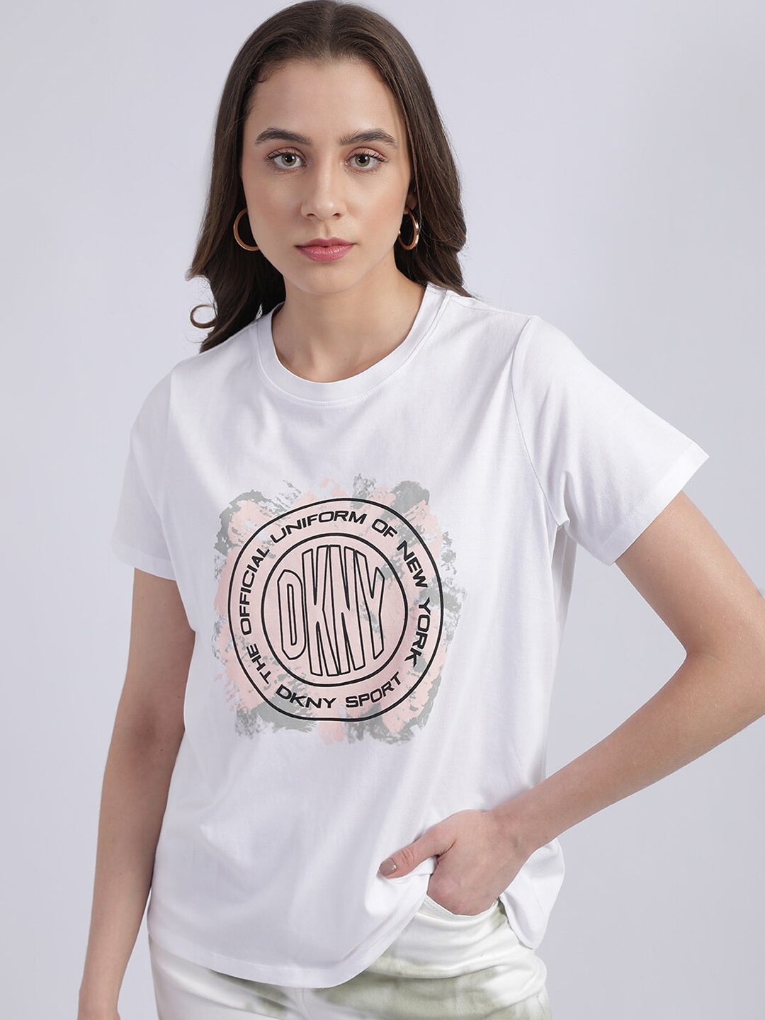 

DKNY Typography Printed Round Neck Regular Fit T-shirt, White