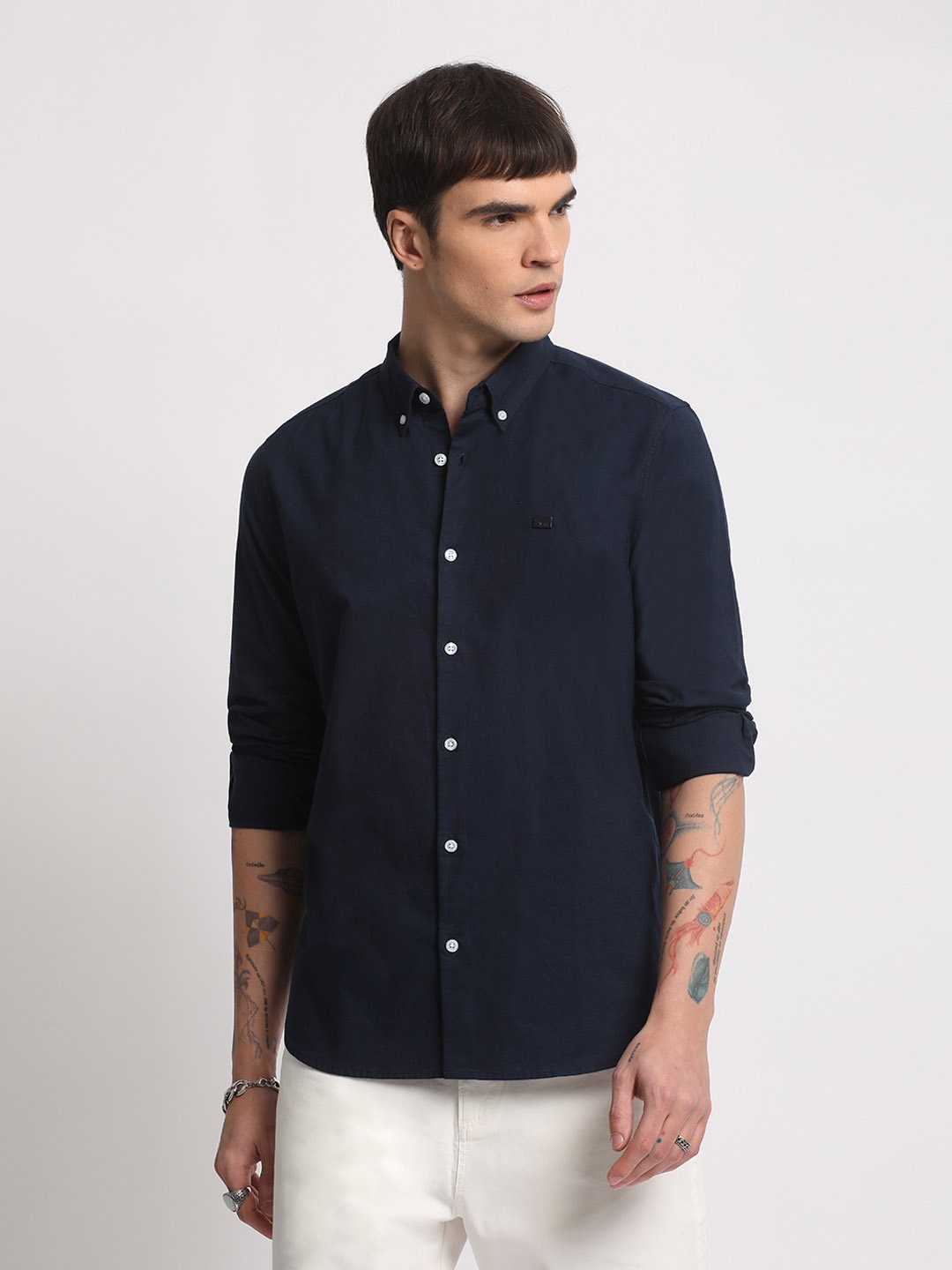 

THE BEAR HOUSE Slim Fit Button-Down Collar Pure Cotton Casual Shirt, Blue