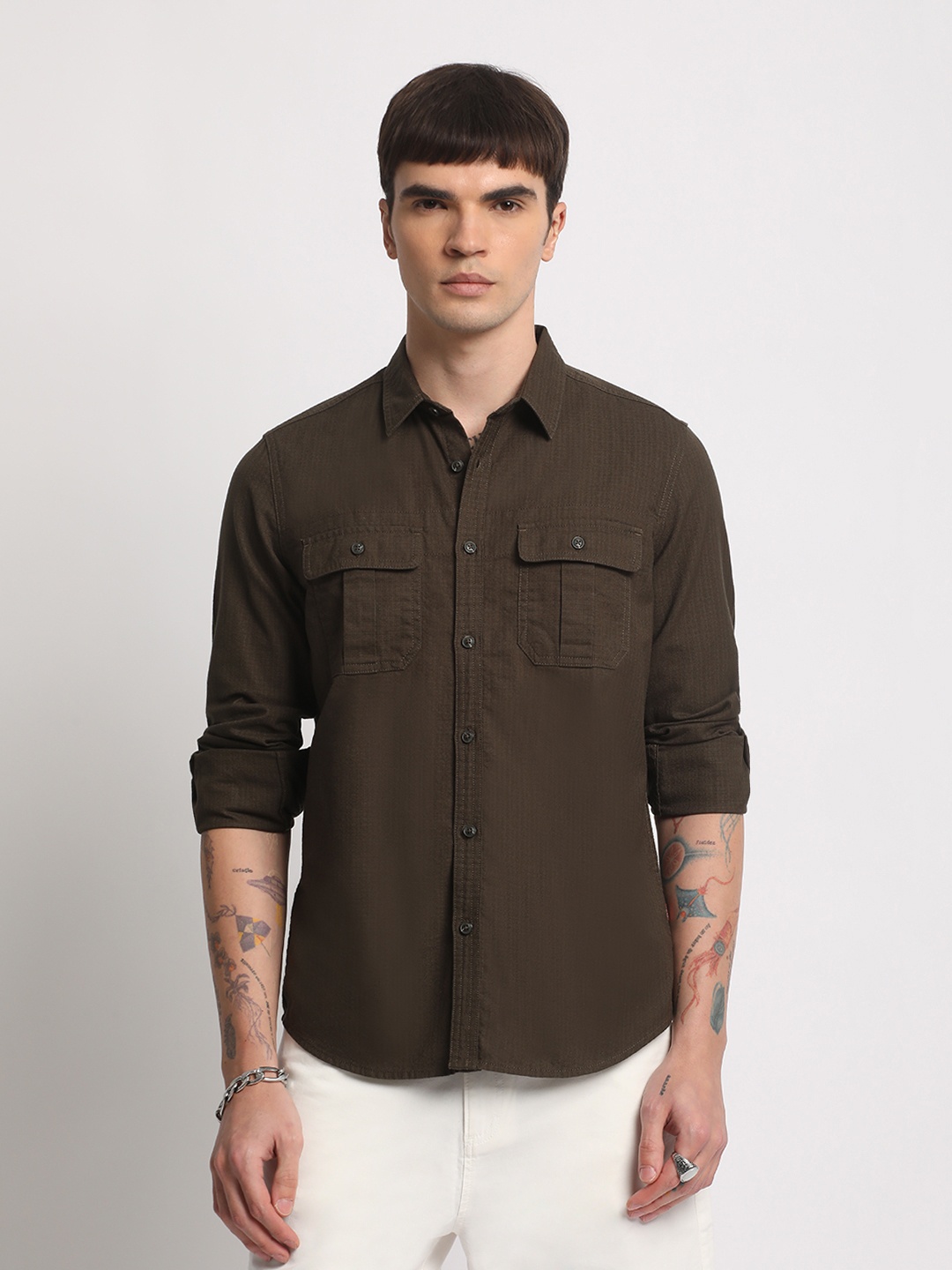 

THE BEAR HOUSE Slim Fit Spread Collar Pure Cotton Casual Shirt, Olive