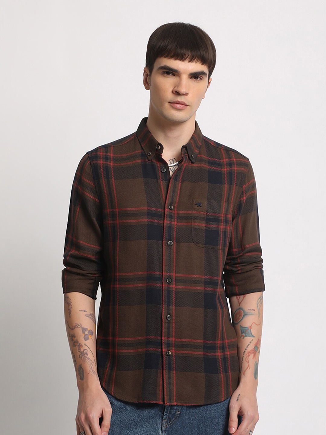 

THE BEAR HOUSE Tartan Checked Slim Fit Casual Shirt, Brown