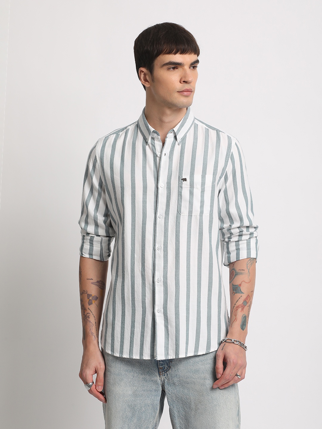 

THE BEAR HOUSE Slim Fit Striped Cotton Casual Shirt, White