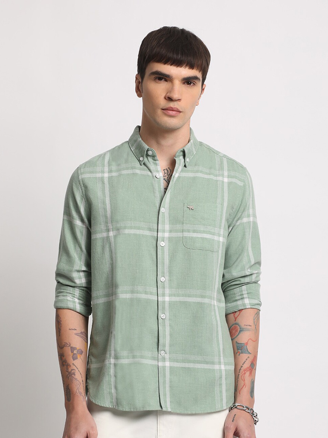 

THE BEAR HOUSE Slim Fit Checked Pure Cotton Casual Shirt, Green