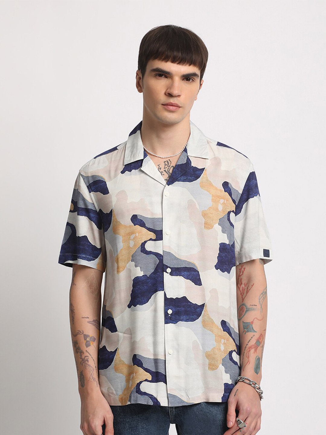 

THE BEAR HOUSE Abstract Printed Cotton Casual Shirt, Blue