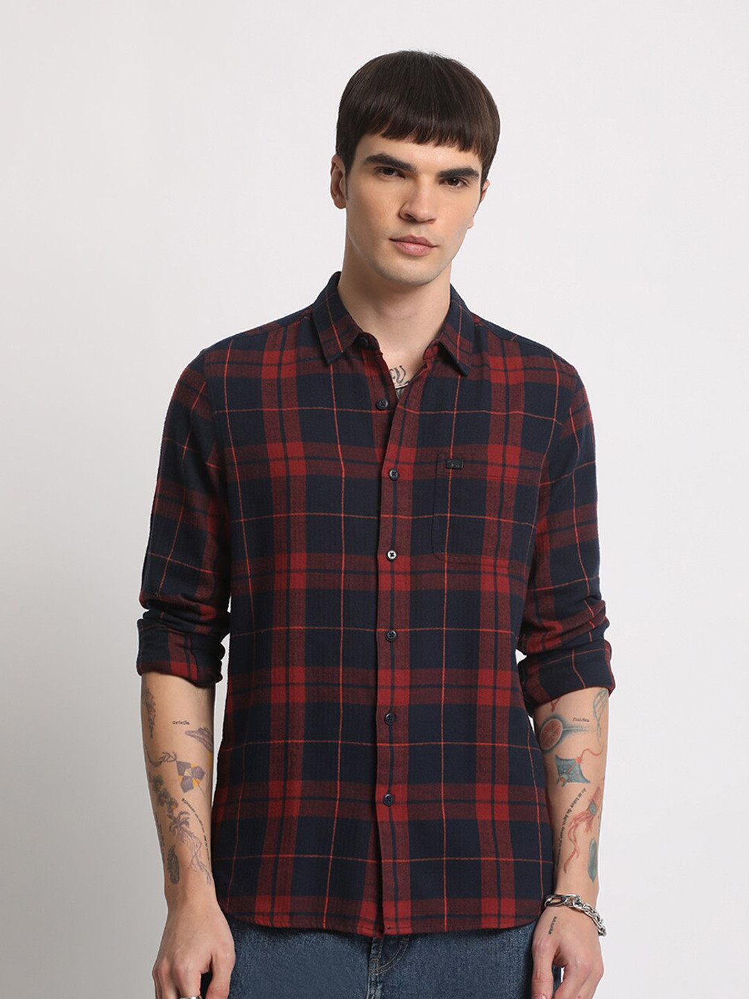 

THE BEAR HOUSE Slim Fit Tartan Checked Cotton Casual Shirt, Black