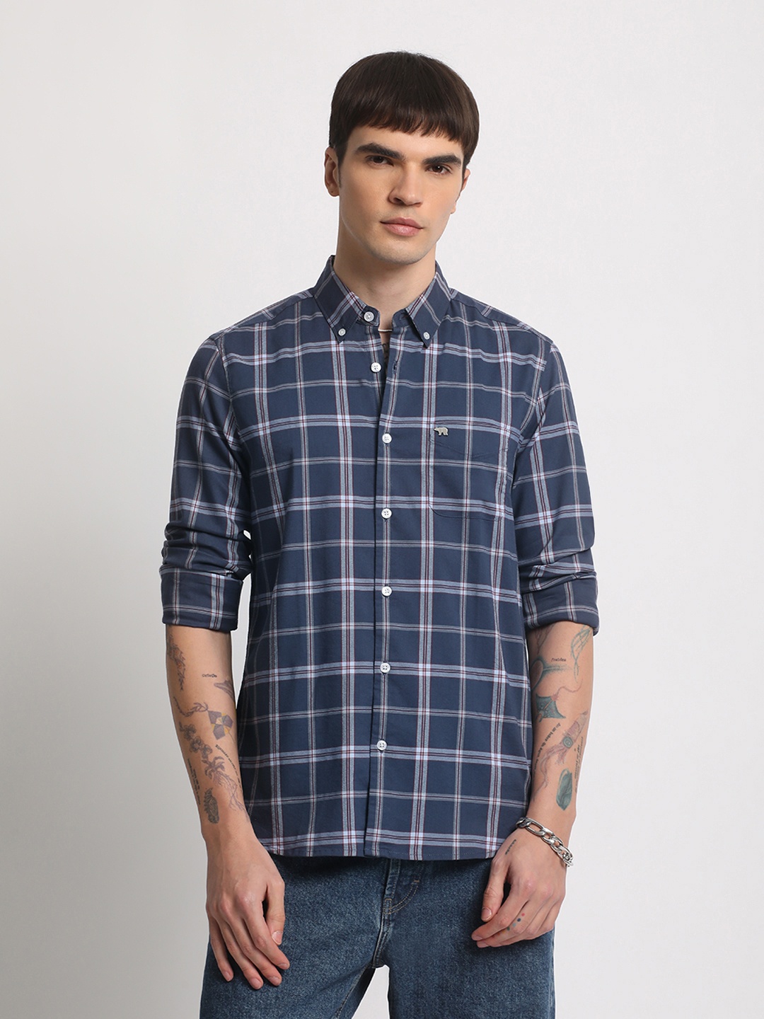 

THE BEAR HOUSE Slim Fit Tartan Checked Casual Shirt, Blue