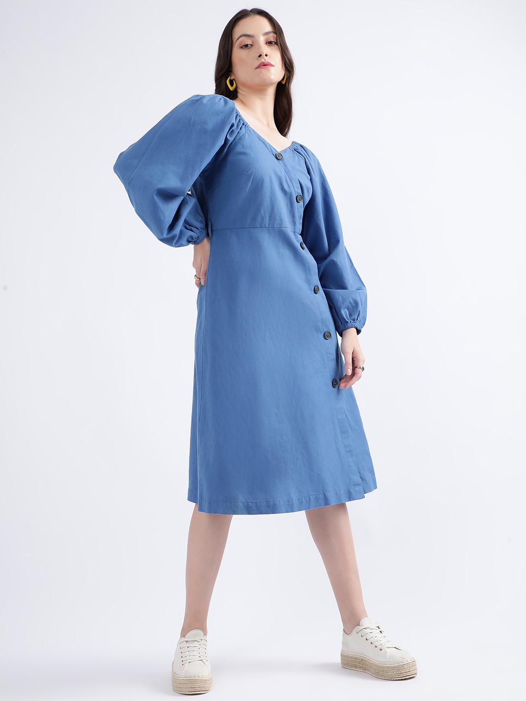 

ELLE Blue V-Neck Cotton Puff Sleeve Midi Flared Wrap Dress