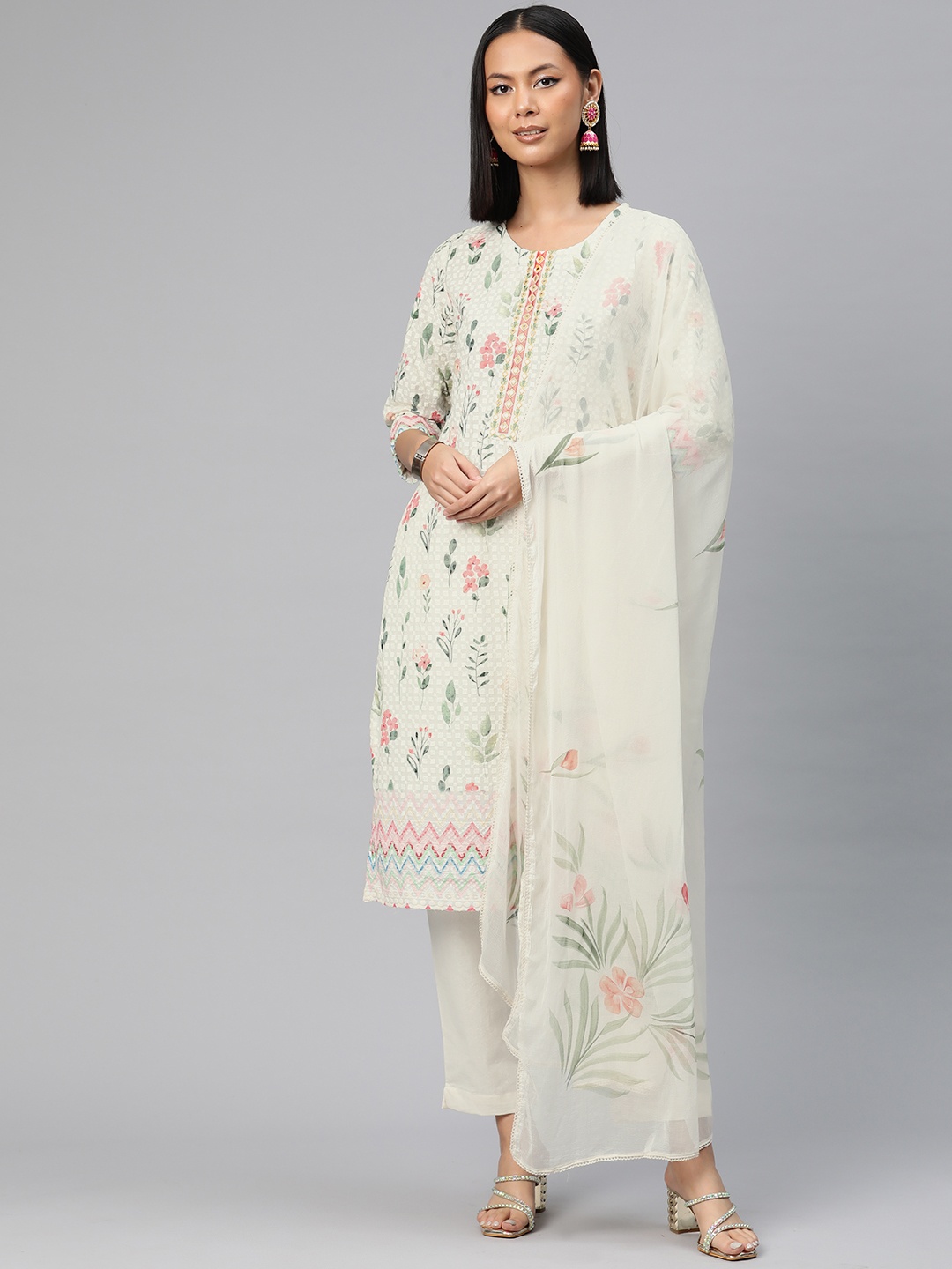 

Readiprint Fashions Floral Printed Chikankari Pure Cotton Kurta with Trousers & Dupatta, Green