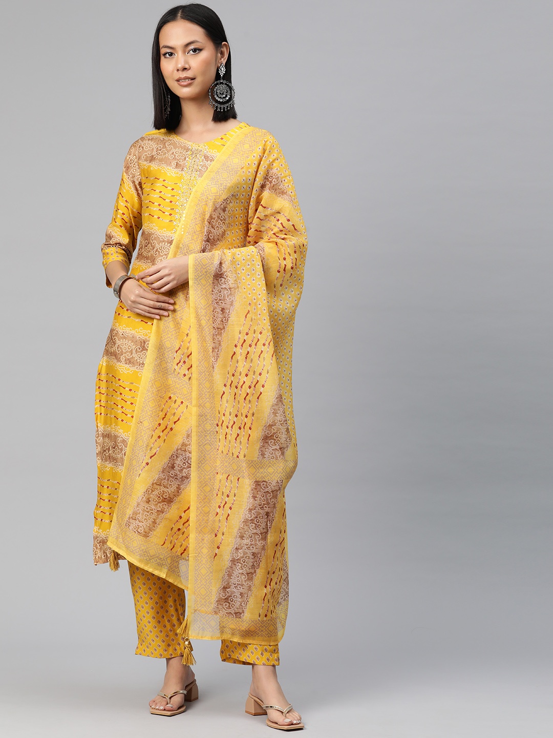 Readiprint Bandhani Printed Beads & Stones Pure Silk Kurta Set, Mustard