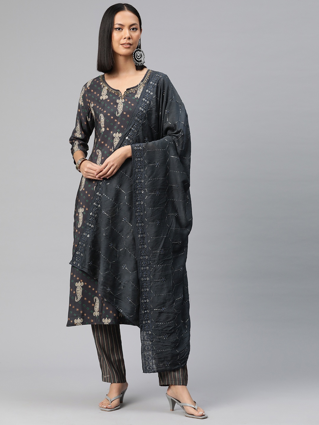 

Readiprint Fashions Paisley Printed Beads & Stones Pure Silk Kurta with Trousers & Dupatta, Grey