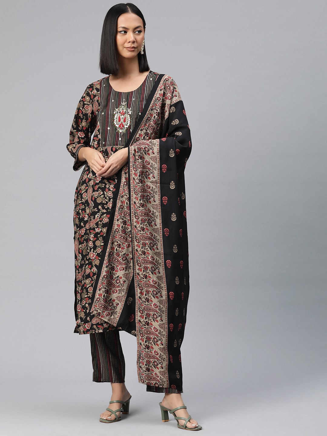 

Readiprint Floral Printed Mirror Work Pure Silk Kurta with Trousers & Dupatta, Black