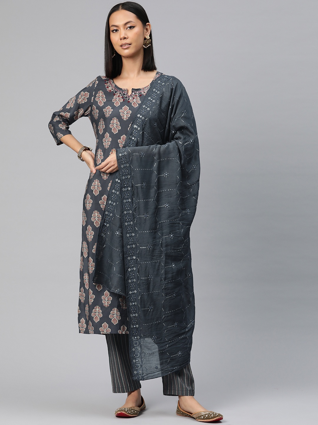 

Readiprint Fashions Floral Printed Sequinned Silk Kurta with Trousers & Dupatta, Grey