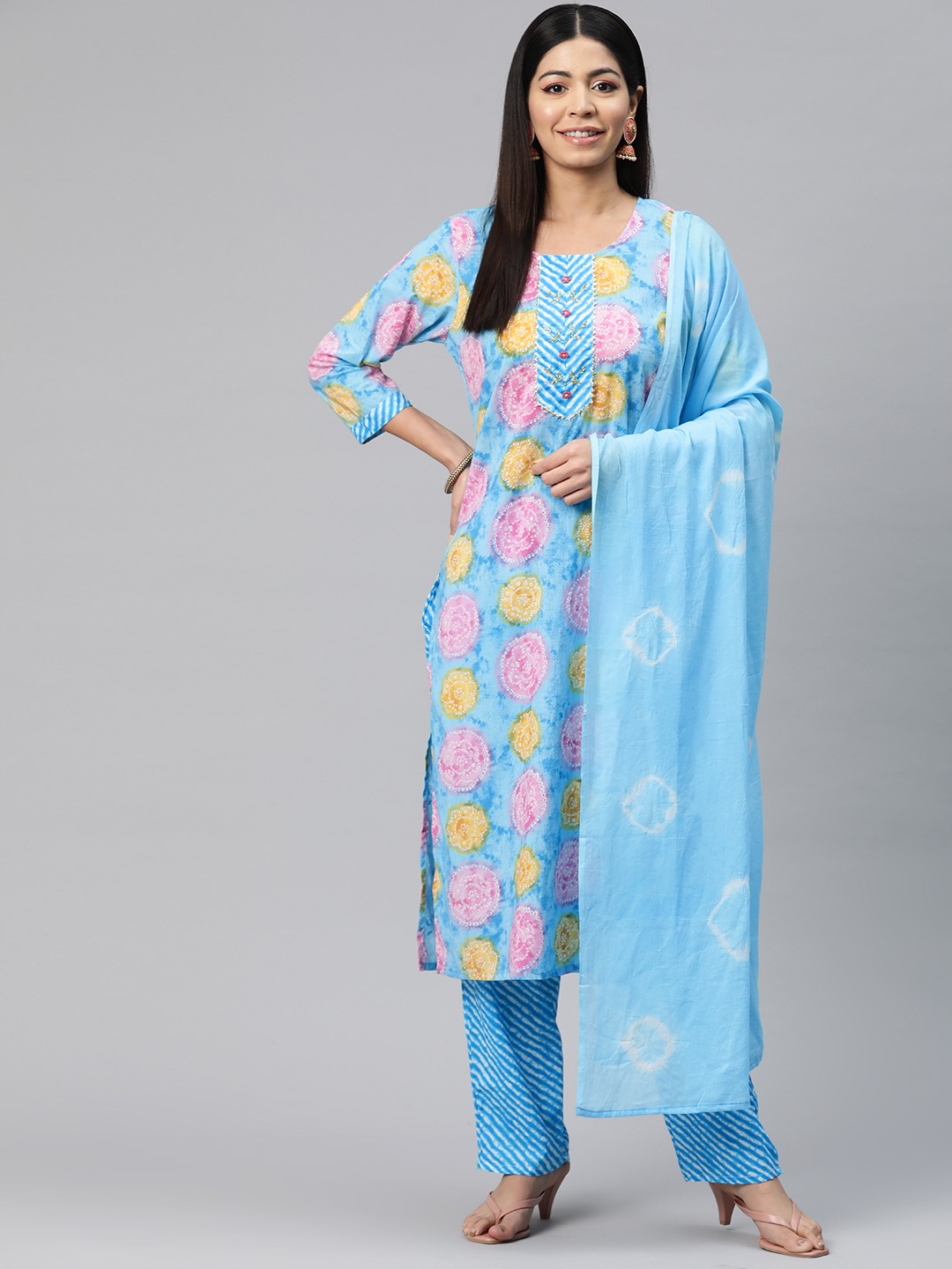 

Readiprint Fashions Printed Regular Gotta Patti Pure Cotton Kurta with Trousers & Dupatta, Blue