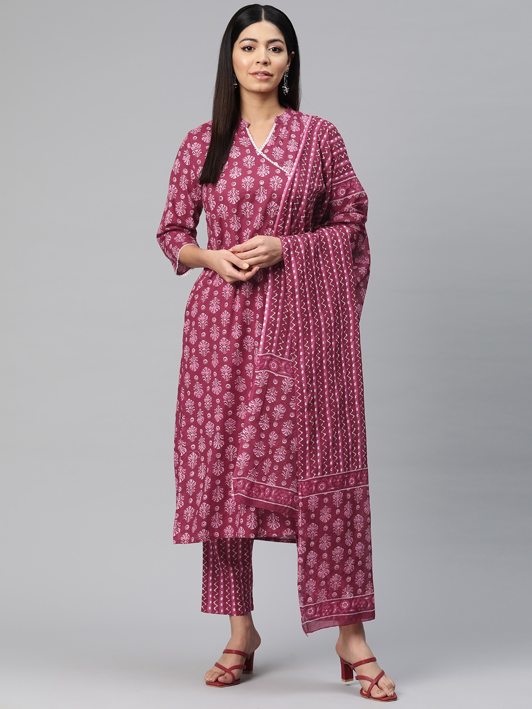 

Readiprint Fashions Floral Printed Angrakha Mirror Work Pure Cotton Kurta Set, Pink